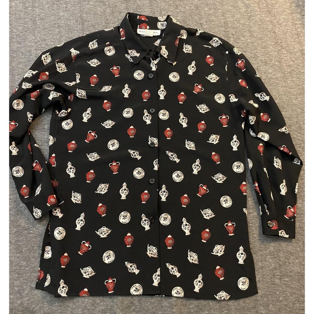 Vintage Norton McNaughton Shirt Womens 10 Black Teapot Print‎ Button Up Tunic